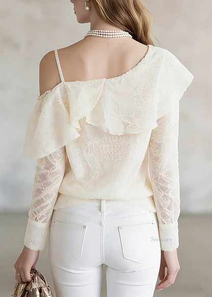 Handmade Beige Asymmetrical One Shoulder Lace Patchwork Chiffon Top Lantern Sleeve