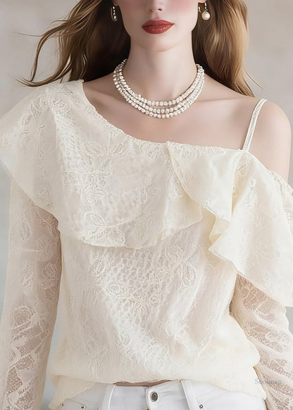 Handmade Beige Asymmetrical One Shoulder Lace Patchwork Chiffon Top Lantern Sleeve