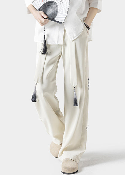 Handmade Beige Embroideried Pockets Ice Silk Pants Summer