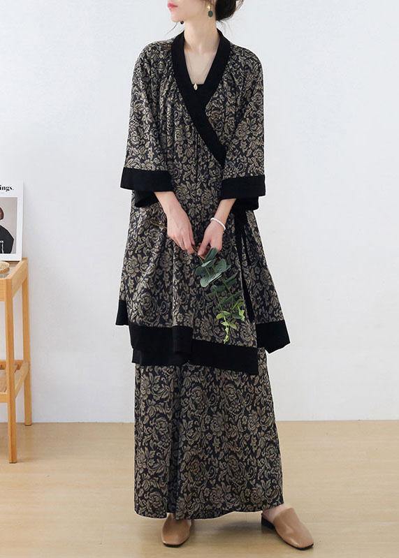 Handmade Beige Patchwork Top Wide Leg Two Pieces Set