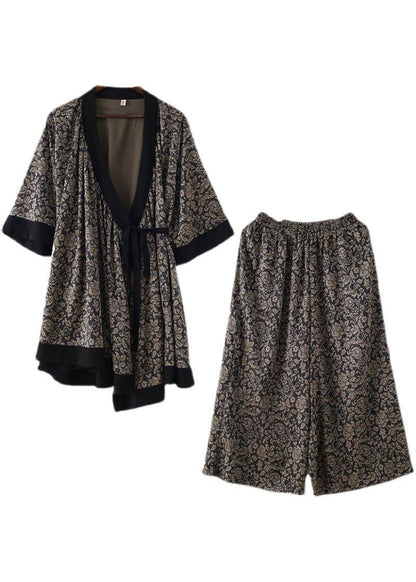Handmade Beige Patchwork Top Wide Leg Two Pieces Set