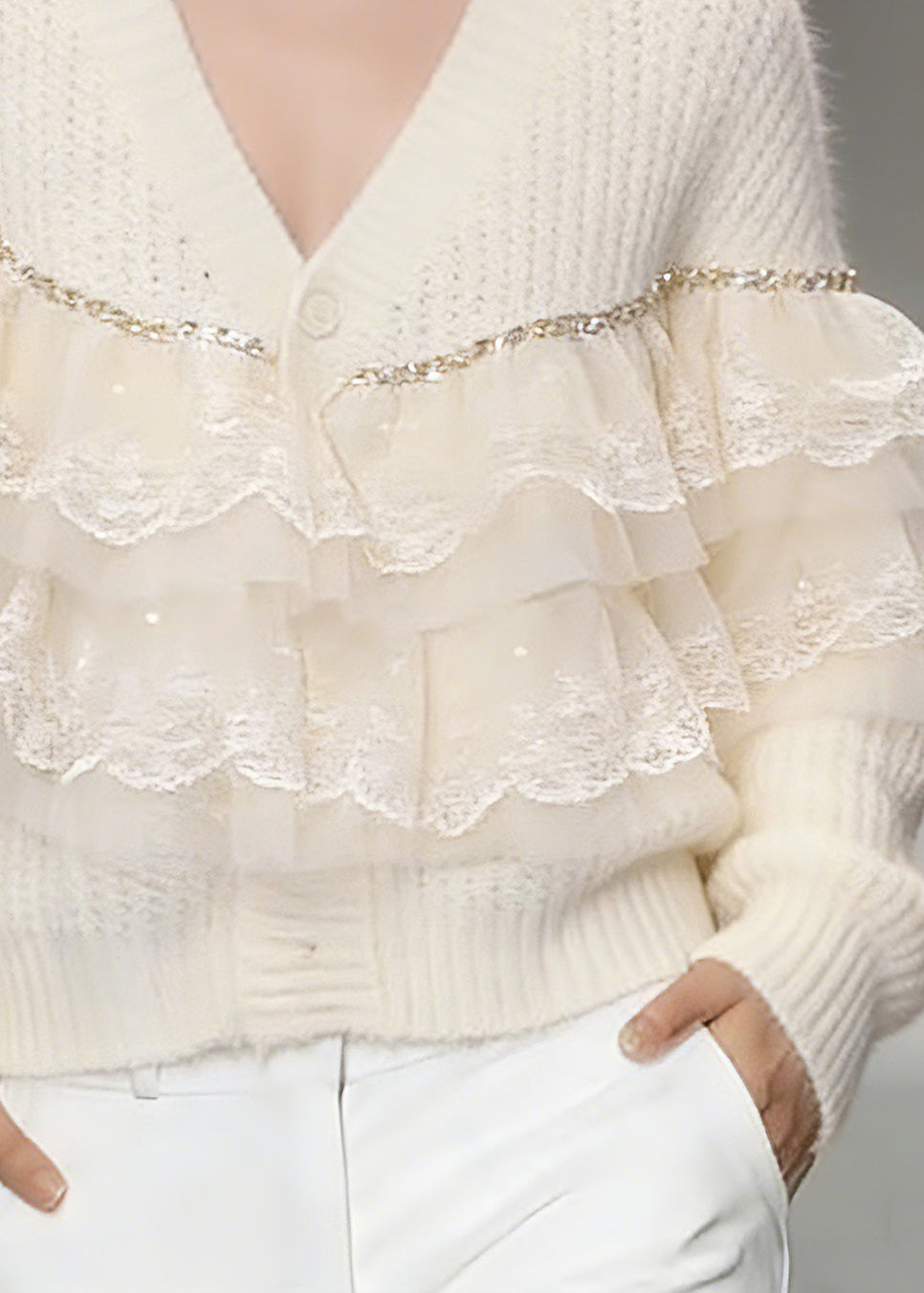 Handmade Beige Lace Patchwork Cotton Knit Cardigans Spring