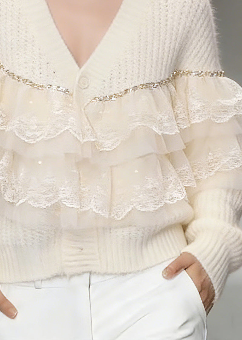 Handmade Beige Lace Patchwork Cotton Knit Cardigans Spring