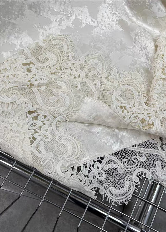 Handmade Beige O Neck Jacquard Lace Patchwork Silk Top Fall