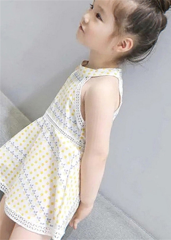 Handmade Beige O-neck Print Patchwork Baby Mid Dress Sleeveless