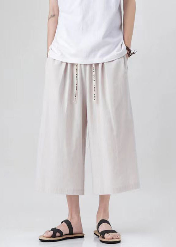 Handmade Beige Pockets Elastic Waist Wide Leg Pants