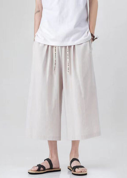 Handmade Beige Pockets Elastic Waist Wide Leg Pants