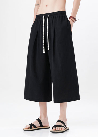Handmade Beige Pockets Elastic Waist Wide Leg Pants