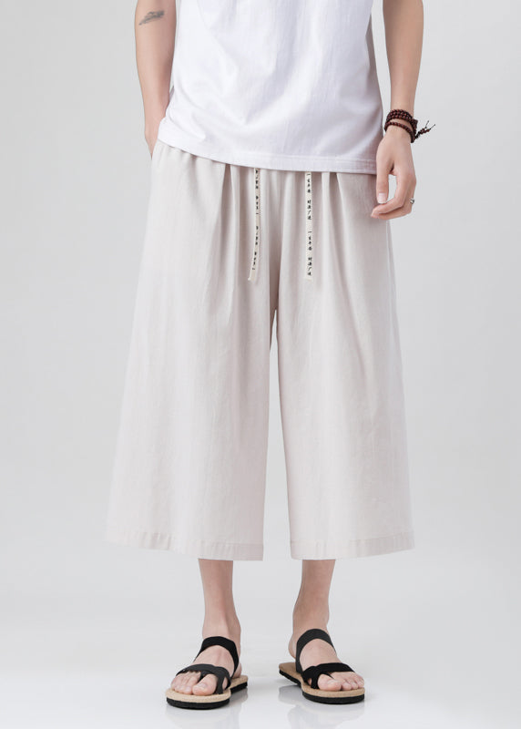 Handmade Beige Pockets Elastic Waist Wide Leg Pants