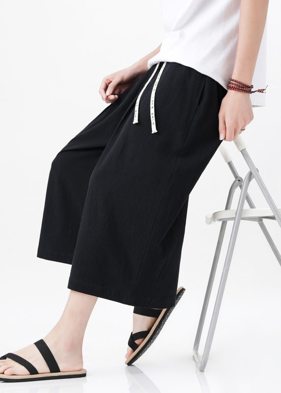 Handmade Beige Pockets Elastic Waist Wide Leg Pants