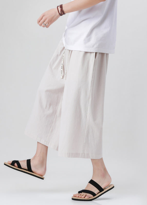 Handmade Beige Pockets Elastic Waist Wide Leg Pants