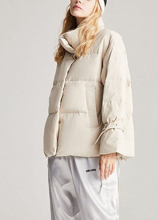 Handmade Beige Pockets Drawstring Winter Duck Down Coat