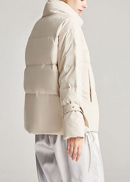 Handmade Beige Pockets Drawstring Winter Duck Down Coat