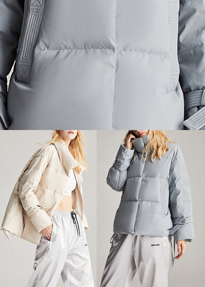 Handmade Beige Pockets Drawstring Winter Duck Down Coat