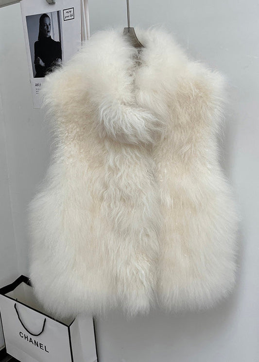 Handmade Beige Stand Collar Leather and Fur Coat Sleeveless