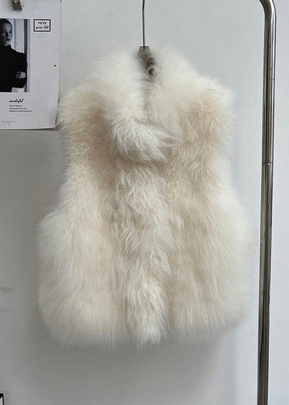 Handmade Beige Stand Collar Leather and Fur Coat Sleeveless