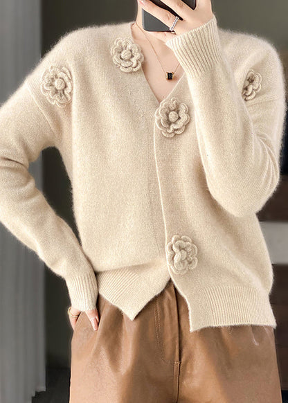Handmade Beige V Neck Crochet Cashmere Knit Cardigan Spring