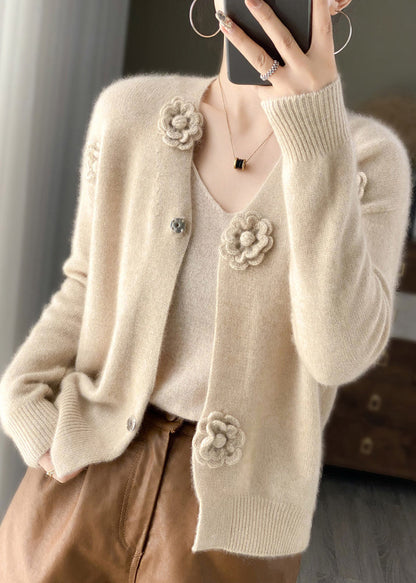 Handmade Beige V Neck Crochet Cashmere Knit Cardigan Spring