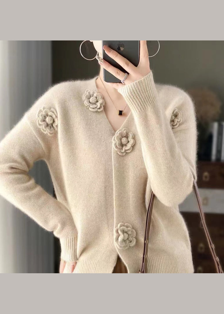 Handmade Beige V Neck Crochet Cashmere Knit Cardigan Spring