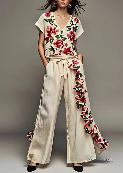 Handmade Beige V Neck Print Top and Wide Leg Pants Two Piece Set Summer