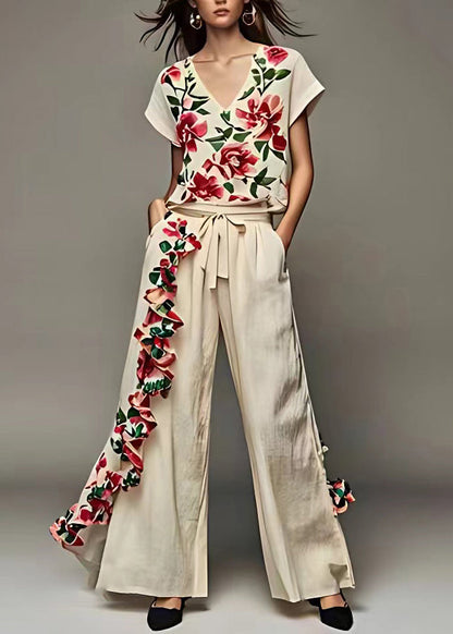 Handmade Beige V Neck Print Top and Wide Leg Pants Two Piece Set Summer
