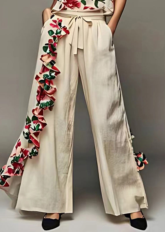 Handmade Beige V Neck Print Top and Wide Leg Pants Two Piece Set Summer