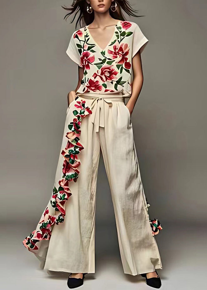 Handmade Beige V Neck Print Top and Wide Leg Pants Two Piece Set Summer