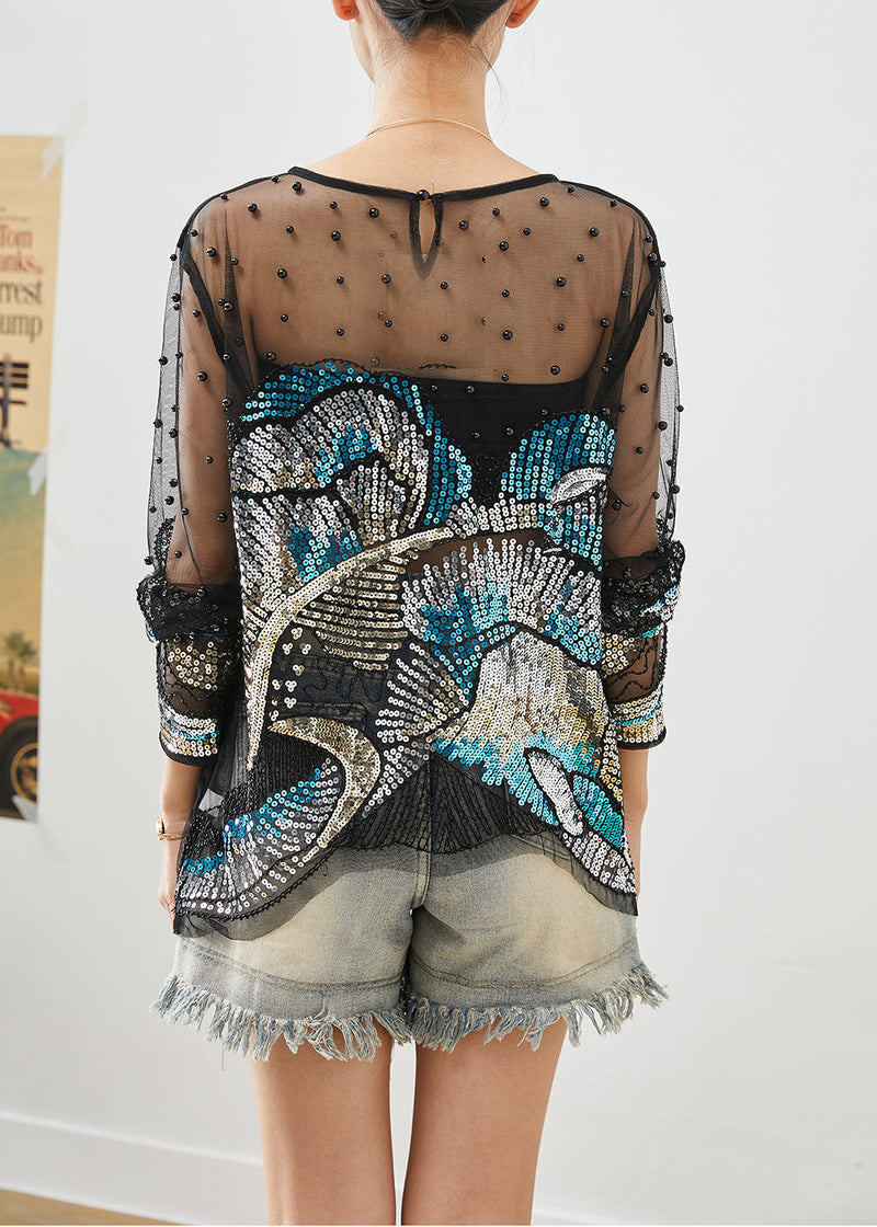 Handmade Black Asymmetrical Sequins Hollow Out Tulle Blouses Fall