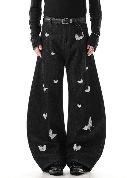Handmade Black Butterfly Embroideried High Waist Denim Pants Fall