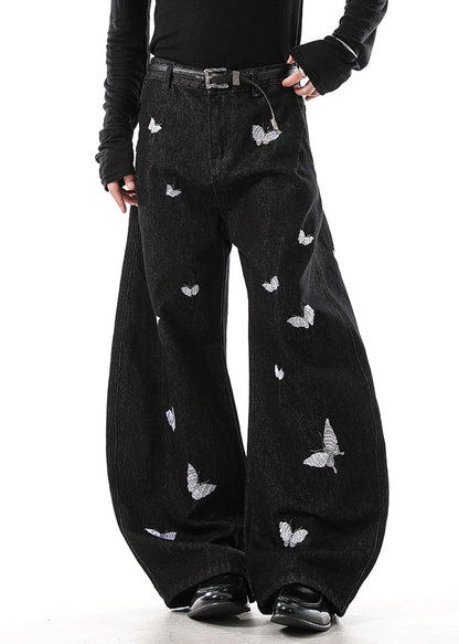Handmade Black Butterfly Embroideried High Waist Denim Pants Fall