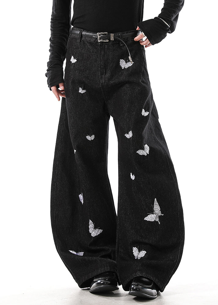 Handmade Black Butterfly Embroideried High Waist Denim Pants Fall