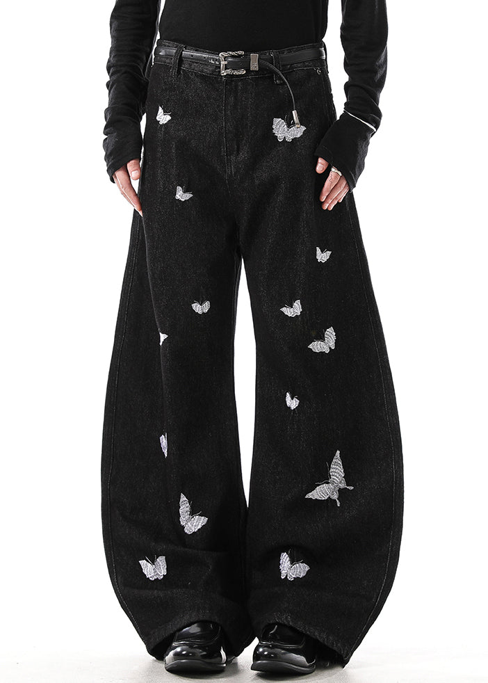 Handmade Black Butterfly Embroideried High Waist Denim Pants Fall