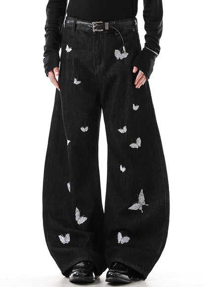 Handmade Black Butterfly Embroideried High Waist Denim Pants Fall