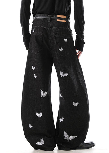 Handmade Black Butterfly Embroideried High Waist Denim Pants Fall