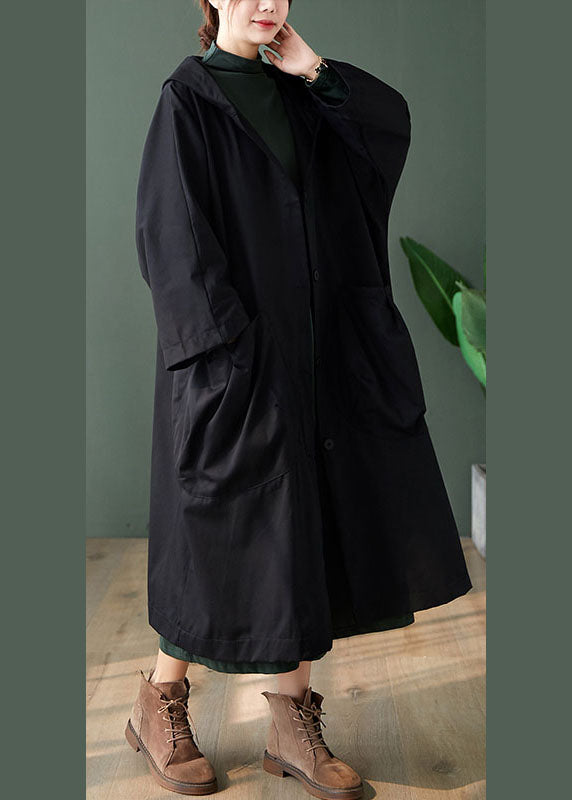 Handmade Black Button Pockets Loose Fall Long Sleeve Hoodie Coat
