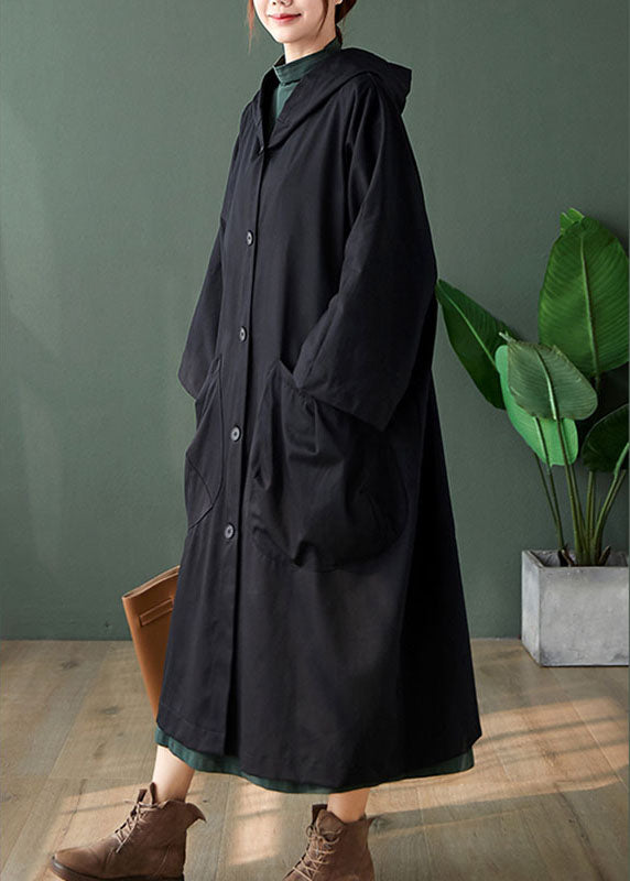 Handmade Black Button Pockets Loose Fall Long Sleeve Hoodie Coat