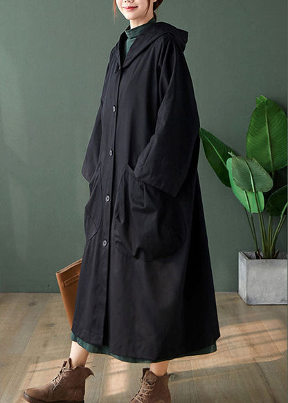 Handmade Black Button Pockets Loose Fall Long Sleeve Hoodie Coat