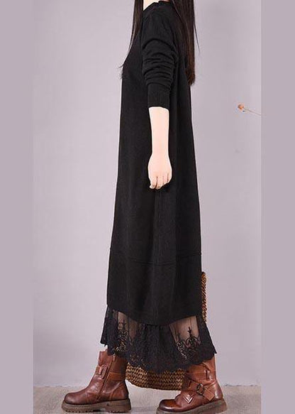 Handmade Black Clothes O Neck Patchwork Lace Kaftan Spring Dresses