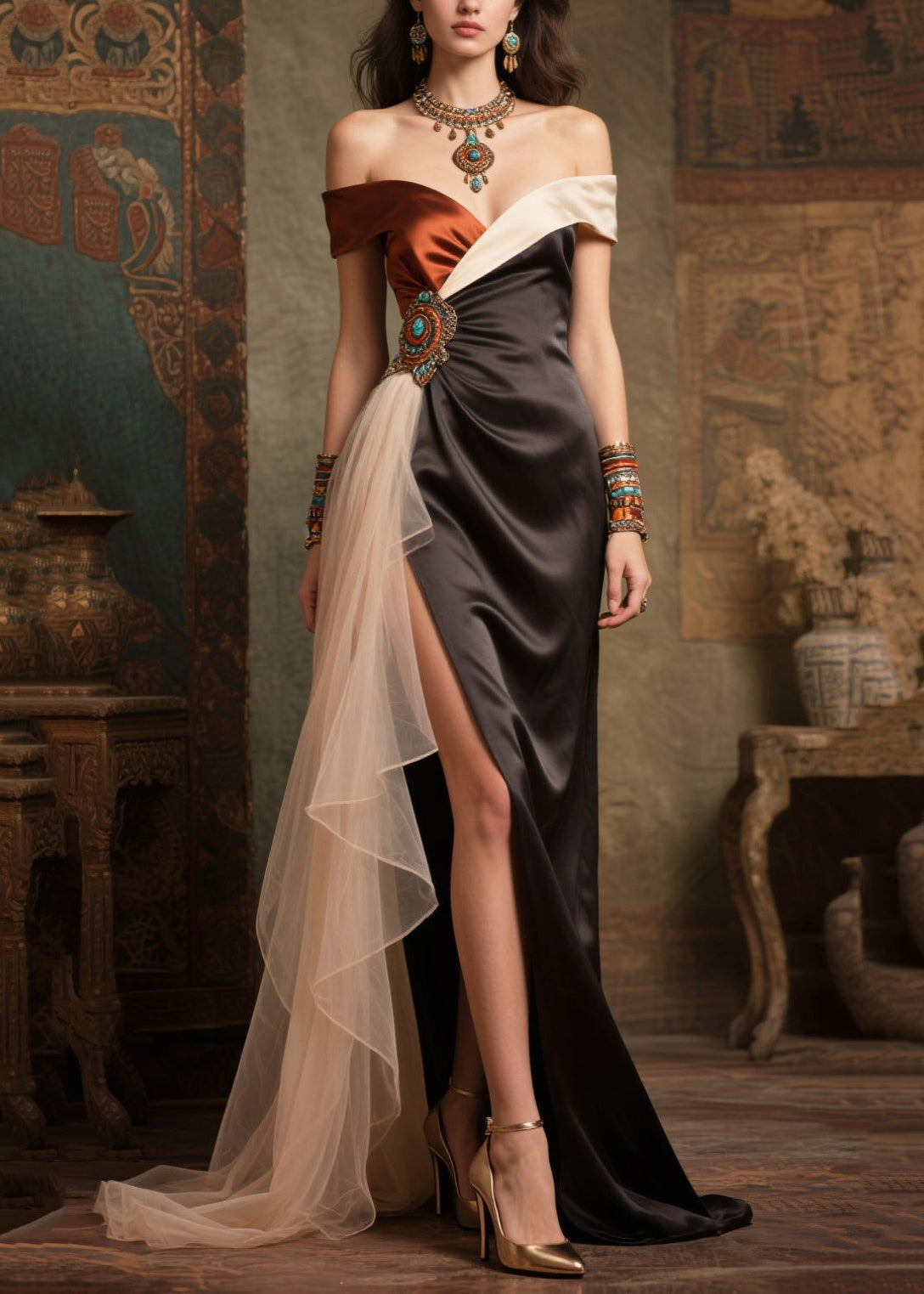 Handmade Black Cold Shoulder Side Open Silk Vestidos Dress Summer