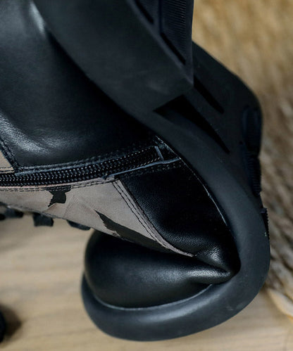 Handmade Black Cowhide Leather Boots Lace Up Embossed Boots