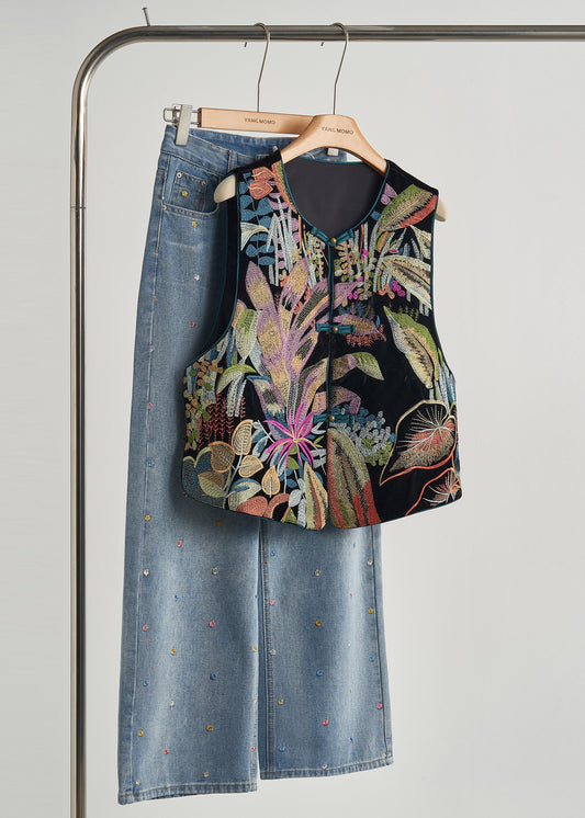 Handmade Black Embroideried Chinese Button Silk Velour Vests Spring