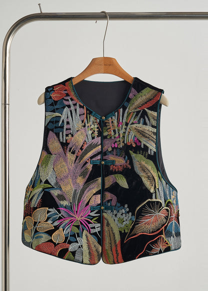 Handmade Black Embroideried Chinese Button Silk Velour Vests Spring