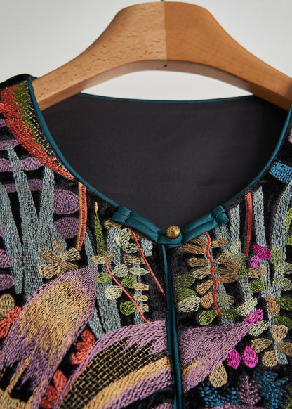 Handmade Black Embroideried Chinese Button Silk Velour Vests Spring