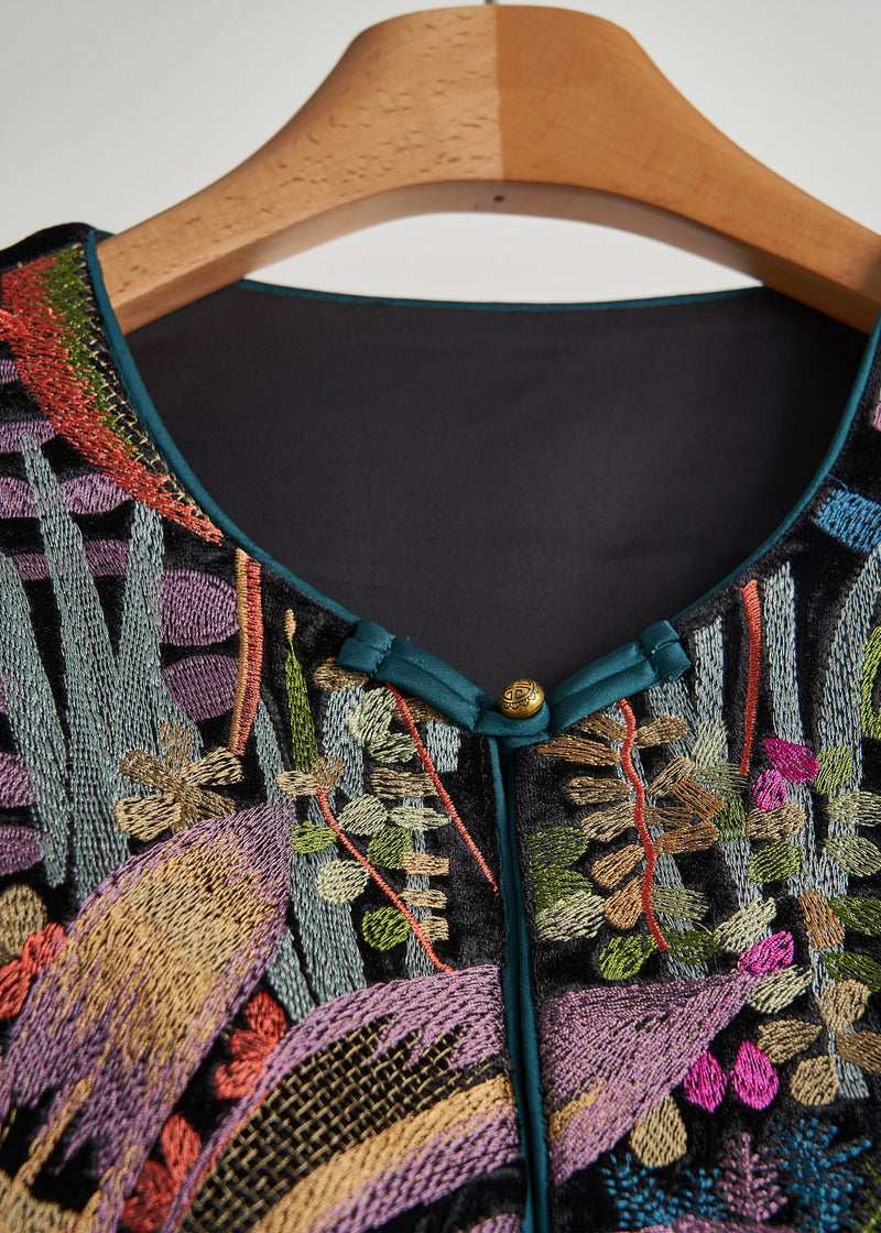 Handmade Black Embroideried Chinese Button Silk Velour Vests Spring