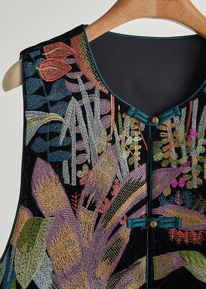 Handmade Black Embroideried Chinese Button Silk Velour Vests Spring