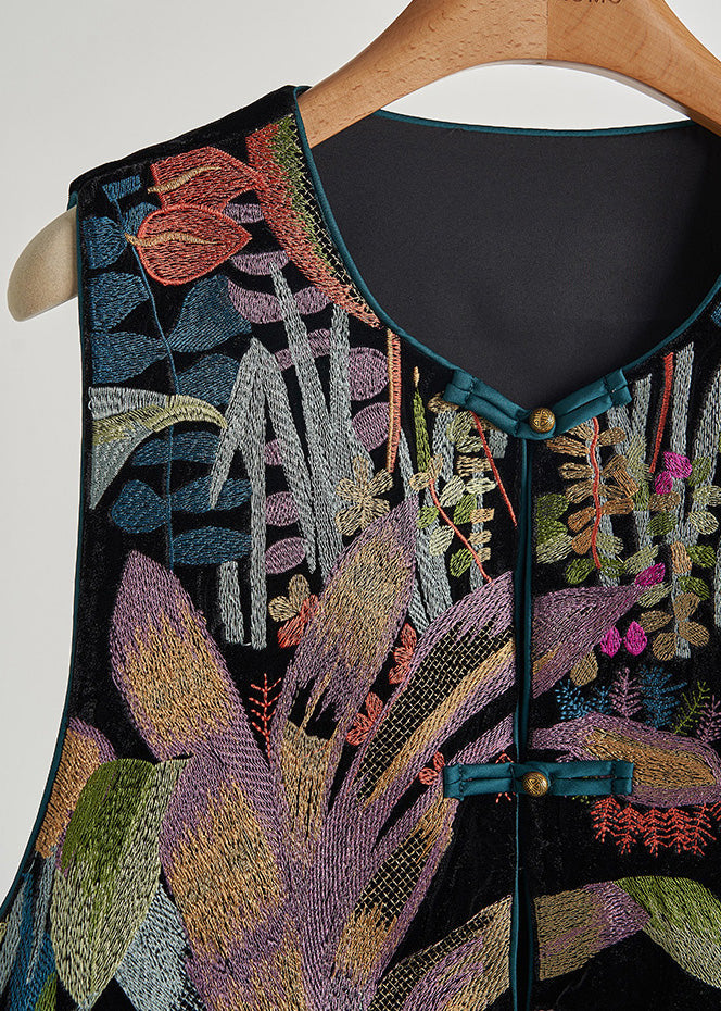 Handmade Black Embroideried Chinese Button Silk Velour Vests Spring