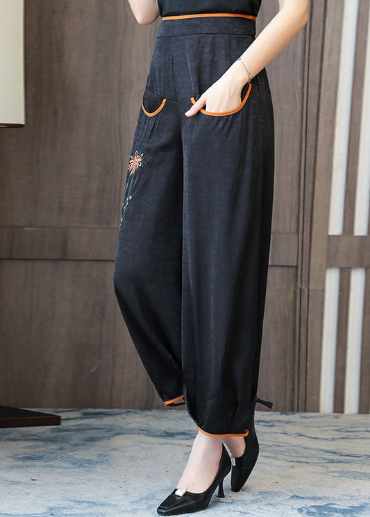 Handmade Black Embroidered Silk Lantern Pants