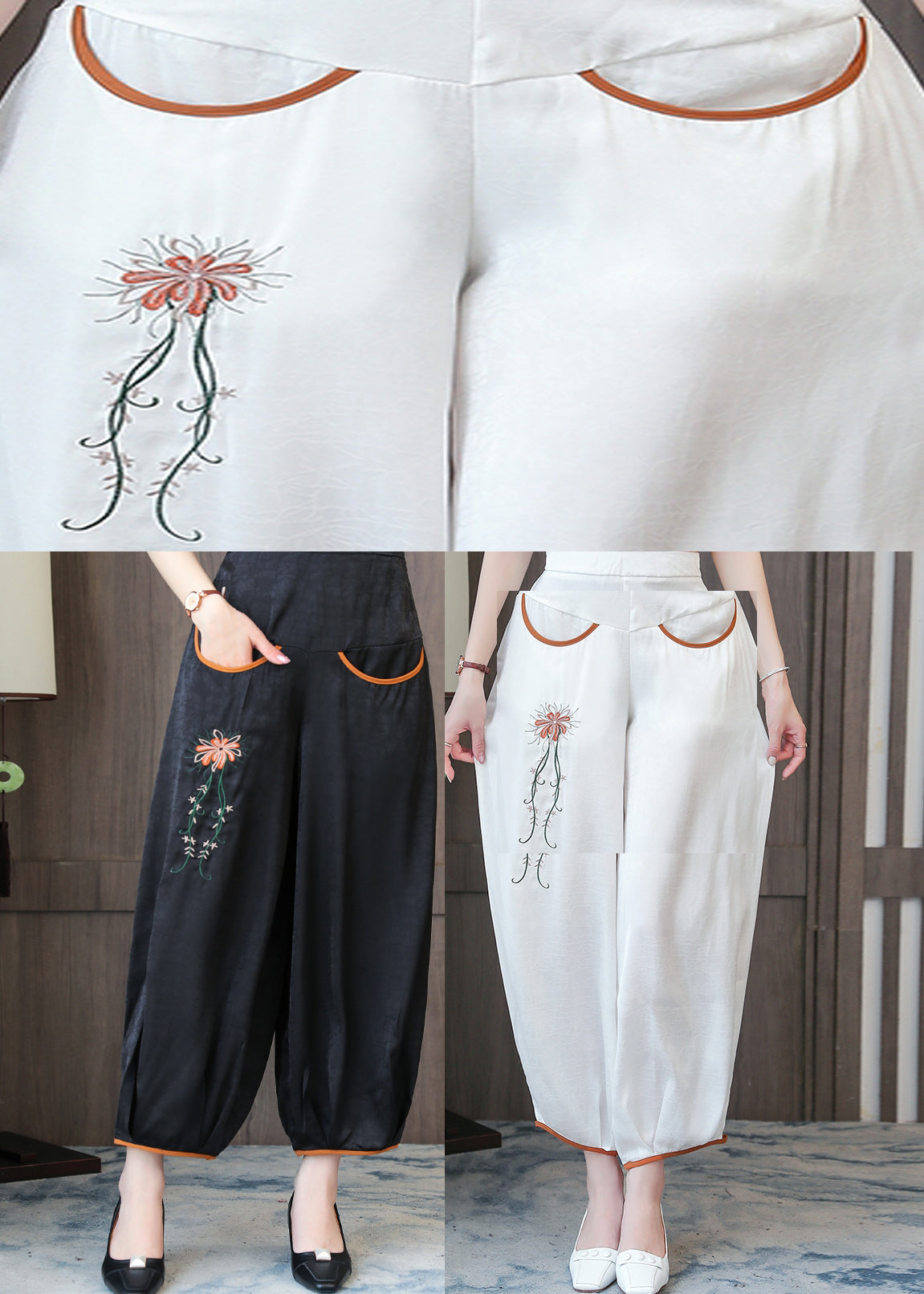 Handmade Black Embroidered Silk Lantern Pants