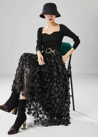 Handmade Black Appliqued Tulle a Line Skirts Fall
