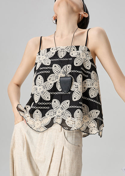 Handmade Black Embroidered Cotton Spaghetti Strap Tank Sleeveless
